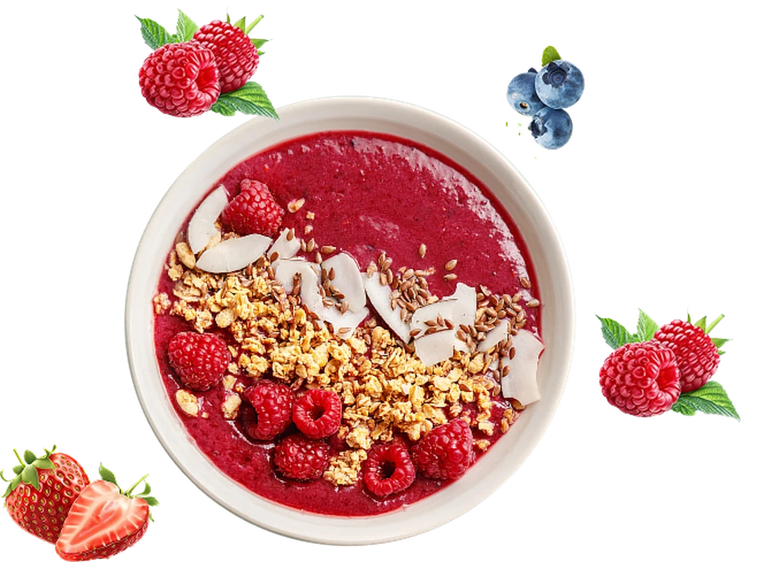 Acai bowl with granola, toasted coconut and fresh berries
